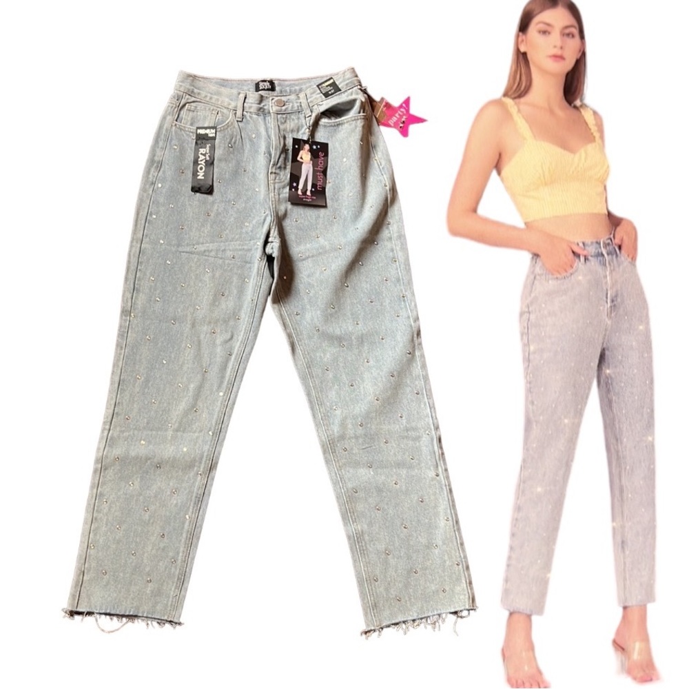 Simple Society Rhinestone Super High Rise Straight Jeans Light Wash